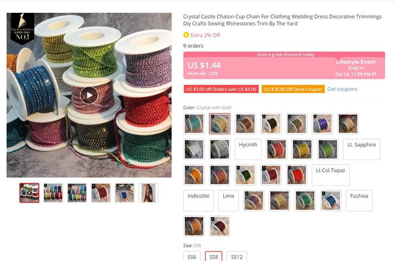 Description Picture 6 of itemCrystal-Castle 10 Yard Rhinestones Trim Stone Cup Chain Gold Diamond Strass Decorative Applique Crystal Trimmings For Dresses