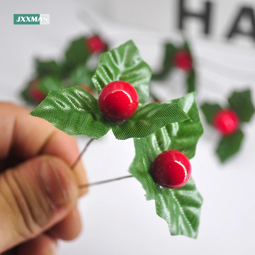 Description Picture 4 of item24PCS Artificial Holly Leaf Berry Red Cherry Small Fruit Silk Flower DIY Christmas Bouquets Wreath Wedding Party Home Decoration