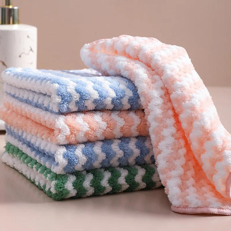 Description Picture 2 of itemCoral Fleece Hangable Thicken Towel Bow Towel Cute Stripe Absorbent Hand Towels Cleaning Cloth 1pc Rag Handkerchief 30/25cm