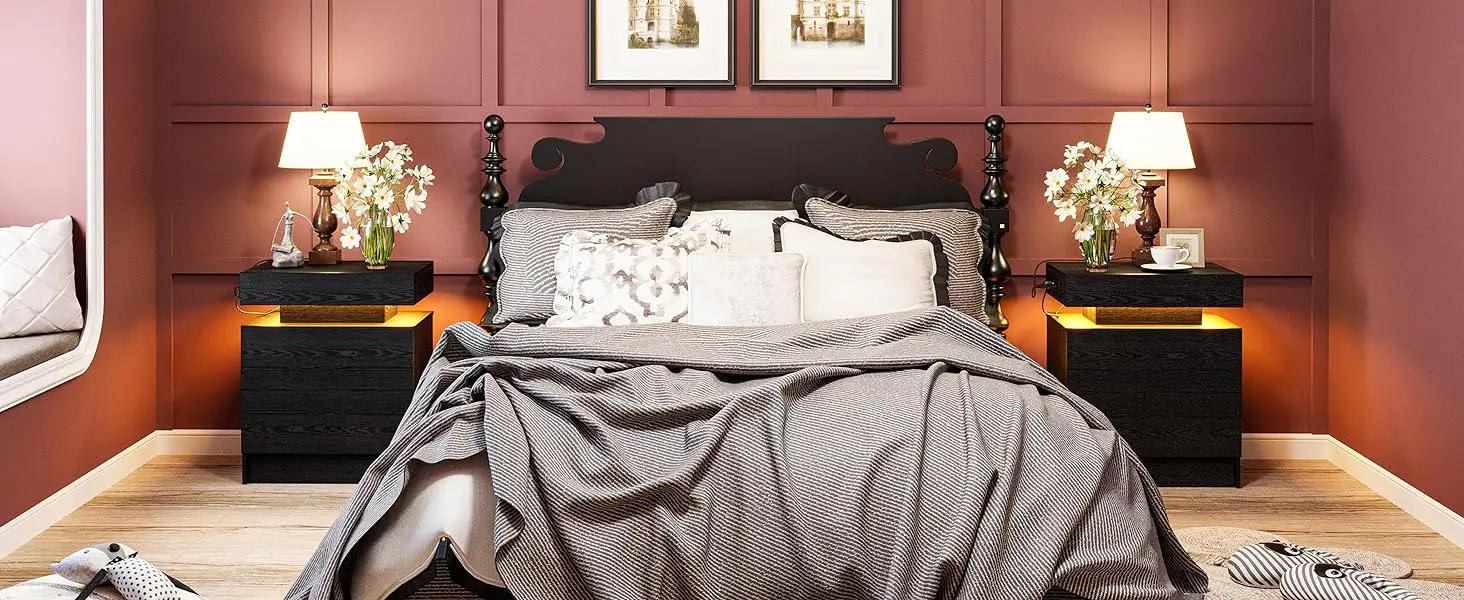 Description Picture 2 of itemNight Stand with Charging Station, Modern Black Nightstand with LED Light and Drawers, Bedside Tables/End Table for Bedroom