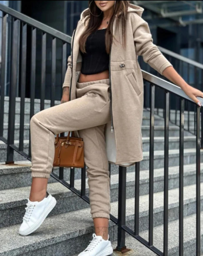 Description Picture 3 of itemPant Sets Women Hooded Zipper Long Coats Two Piece Suits Casual Straight Pants Thick Warm Coat Solid Sporty Autumn Winter