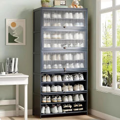Bamboo Cabinet, Large Shoe Cabinet with Flip Doors, 40-45 Pairs Shoe Storage Cabinet, 10 Tiers Tall Freestanding Shoe Rack
