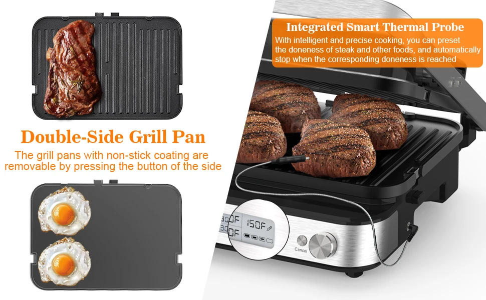 Description Picture 5 of itemPress Grill Sandwich Maker with Removable Plates, 5 in 1 Smokeless Indoor Grill & Griddle with Meat Thermometer, CATTLEMAN CUISI