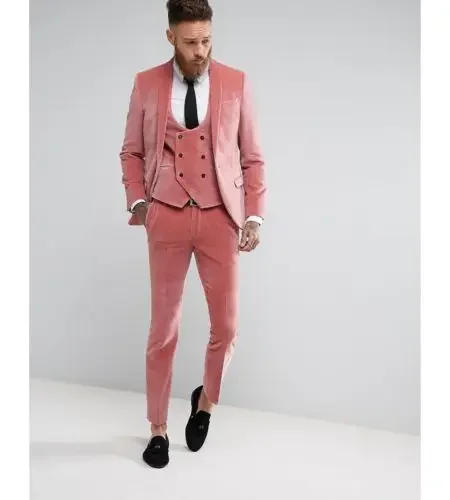 Description Picture 3 of itemCustom 3 Pics Fashion Winter Groom Wedding Dress Slim Fit PINK Velvet Men's Tuxedo Suit Jacket + Vest + Pants