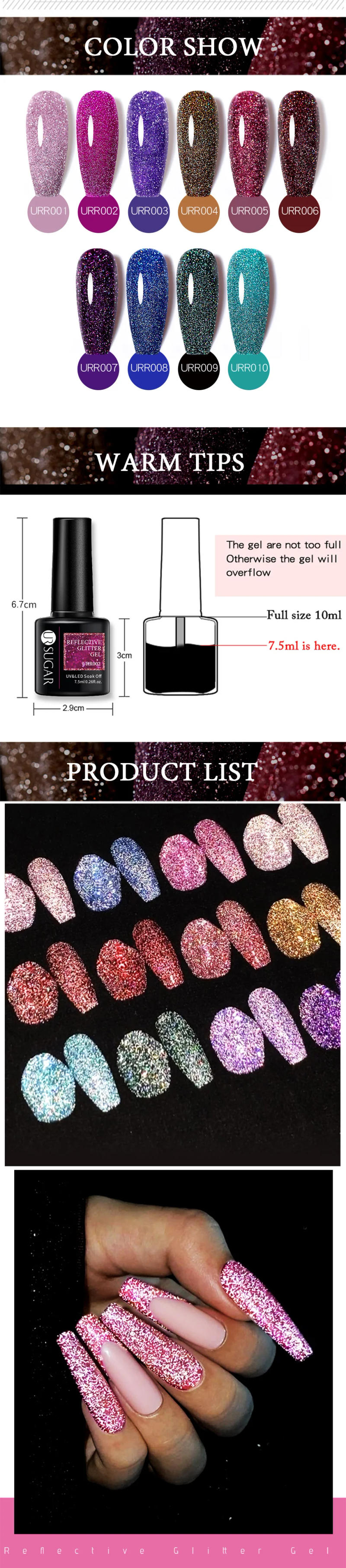 Description Picture 3 of itemUR SUGAR 7.5ml Reflective Glitter Gel Nail Polish Colorful Sparkling Sequins Soak Off UV LED Varnish Nail Art Decoration