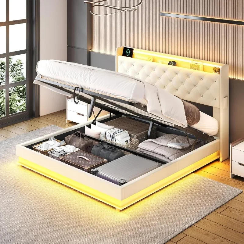 Description Picture 2 of itemZHENXIANG Full Size Lift Up Storage Bed Frame,Charging Station & Led Lights,Upholstered Platform Bed ,Wingback Storage Headboard