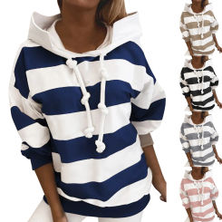 Womens Color Block Striped Hoodie Drawstring Hooded Sweatshirt High Quality Ladies Daily Casual Sports Jogging Top Clothes