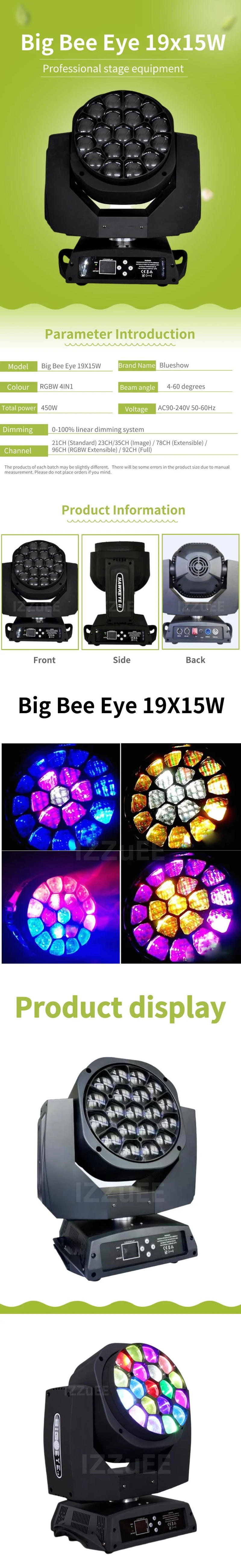 Description Picture 3 of item0 Tax 1~10pcs Zoom Wash Beam Bee Eye LED 19*15W RGBW 4in1 led big bee eye case zoom moving head wash stage light Flightcase