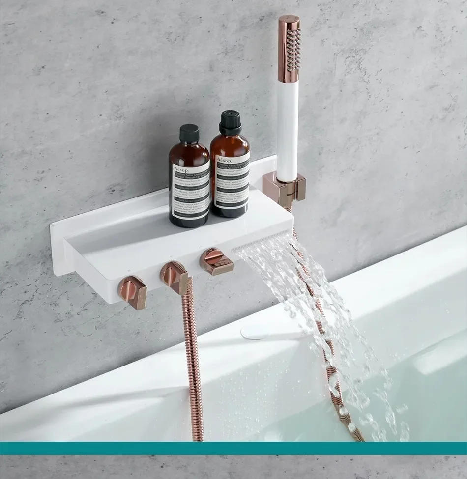 Description Picture 2 of itemBathtub Faucet Set Bathroom Wall Mounted White Rose Gold Solid Brass Big Plate Bathtub Waterfall Shower Set Newly