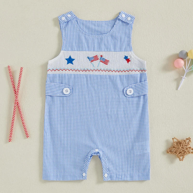 Description Picture 2 of itemBaby Boys Jumpsuit Sleeveless Plaid Embroidery Flag Overalls 4th of July Romper Clothes for Casual Daily