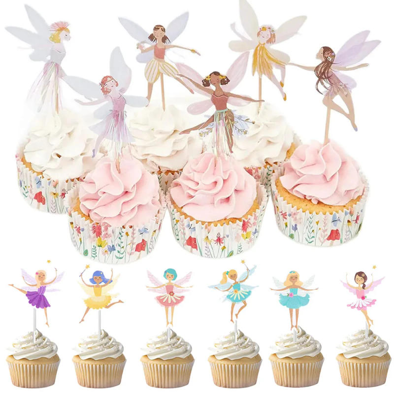 Description Picture 2 of item8/10/12pcs Butterfly Fairy Cake Decoration Cartoon Elf Princess Cupcake Topper Girls Favor Birthday Party Wedding Baking Decor
