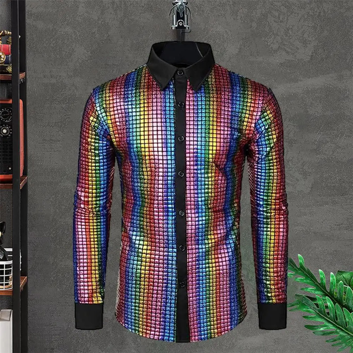 Description Picture 6 of itemMen Sequin Shirt Sequin Stand Collar Men's Shirt for Club Dance Disco Stage Performance Shiny Smooth Vintage Top with Long