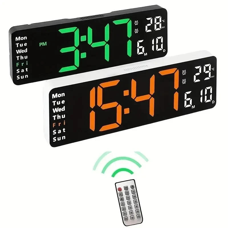 Description Picture 2 of item13/16 Inch LED Large Digital Wall Clock Remote Control Temp Date Display Brightness Adjustable Dual Alarms Clock Home Decoration