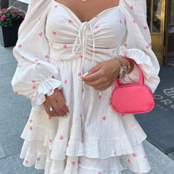Vintage Puff Long Sleeve White Dress for Women Elegant Square Collar Women's Dress 2025 Spring Summer Cotton Short Dress