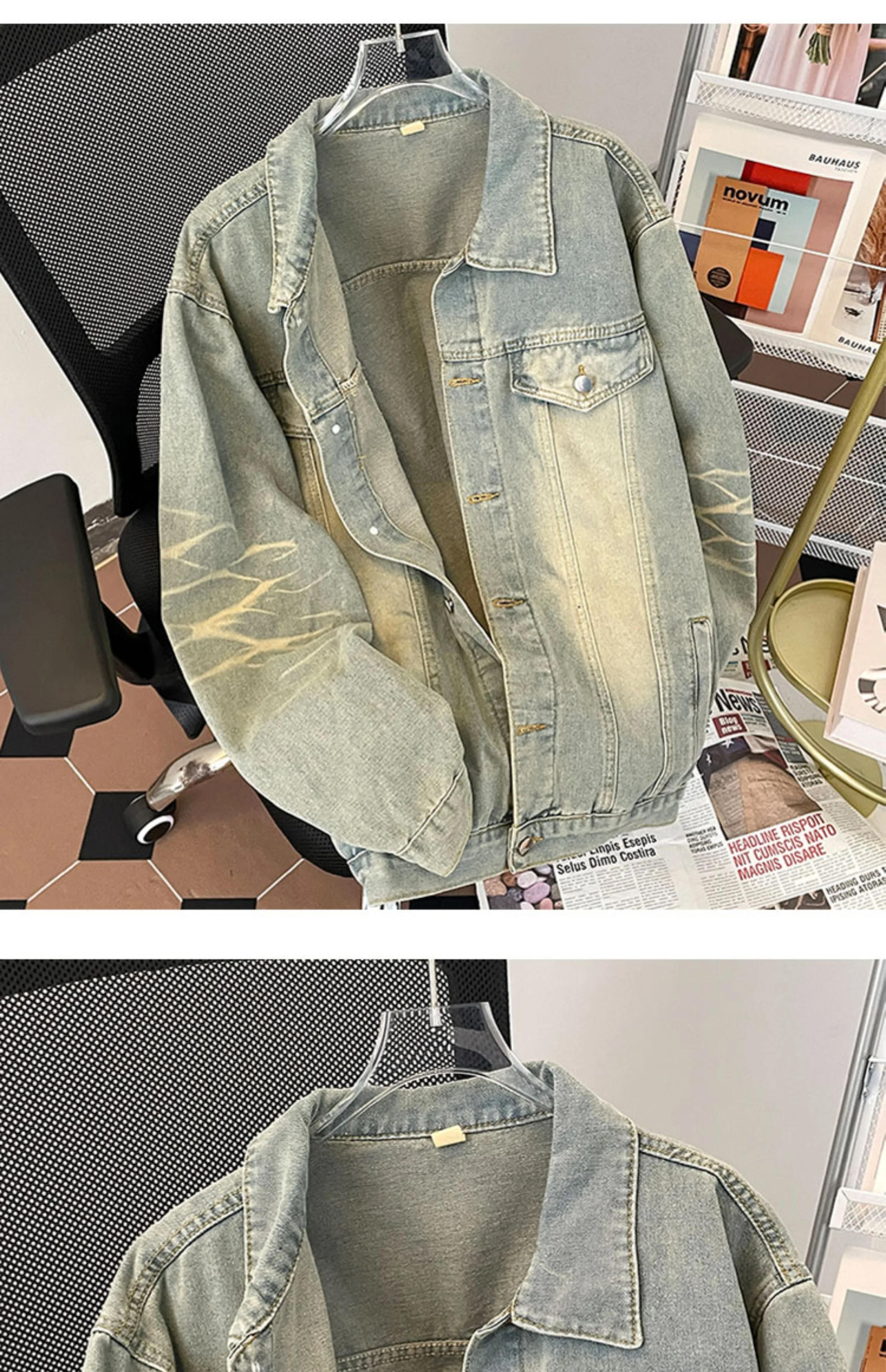 Description Picture 5 of itemAmerican Gradient Tie-dye Distressed Denim Jackets Men's Lapel Retro High Street Workwear Casual Loose Overcoat Male Clothes