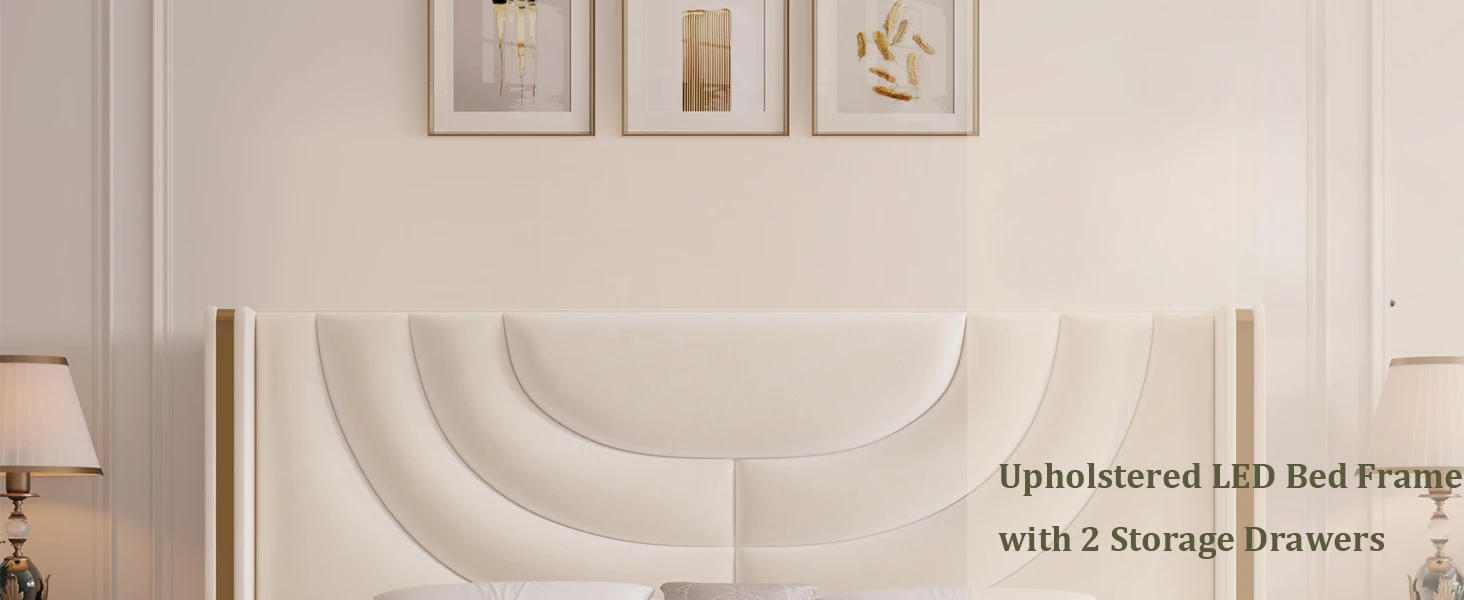 Description Picture 2 of itemLarge Padded LED Bedstead with 2 Storage Drawers, Velvet Platform Bed, Headboard with Wing Back, Solid Wood Flat Noodles Support