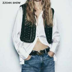 Ethnic Black Embroidery Bling Gold Line Flower WaistCoat Women BOHO Open Sleeveless Vest Jacket Outfits Vacation Loose Tops