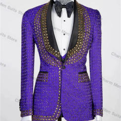 Purple Jacquard Crystals Men Suits Set 2 Piece Blazer+Pants Custom Size Jacket Office Formal Groom Wedding Tuxedo Prom Dress