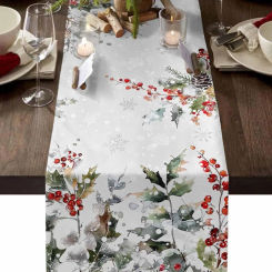Christmas Red Berry Pinecone Linen Table Runner Table Decor Winter Xmas Tree Botanical Table Runners Holiday Kitchen Party Decor