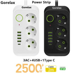 Gorelax EU Plug Power Strip, 3 AC Outlets 4 USB 1 Type-C Electrical Power Socket With 2M Cable, Fast Charging Station 10A 2500W