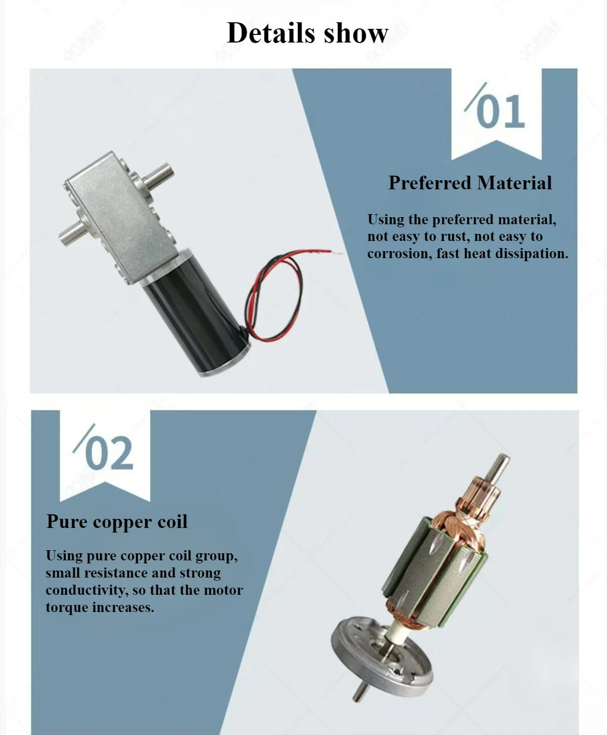 Description Picture 3 of itemDouble Shaft Worm Gear Motor DC 12V 24V High Torque Maximum 70KG Self Locking Adjustable Speed Forward Reverse Motor 4-470RPM