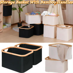 Laundry Storage Basket, Rectangle Closet Storage With Bamboo Handles, Collapsible Storage Bins for Toys Pillows Blankets Clothes