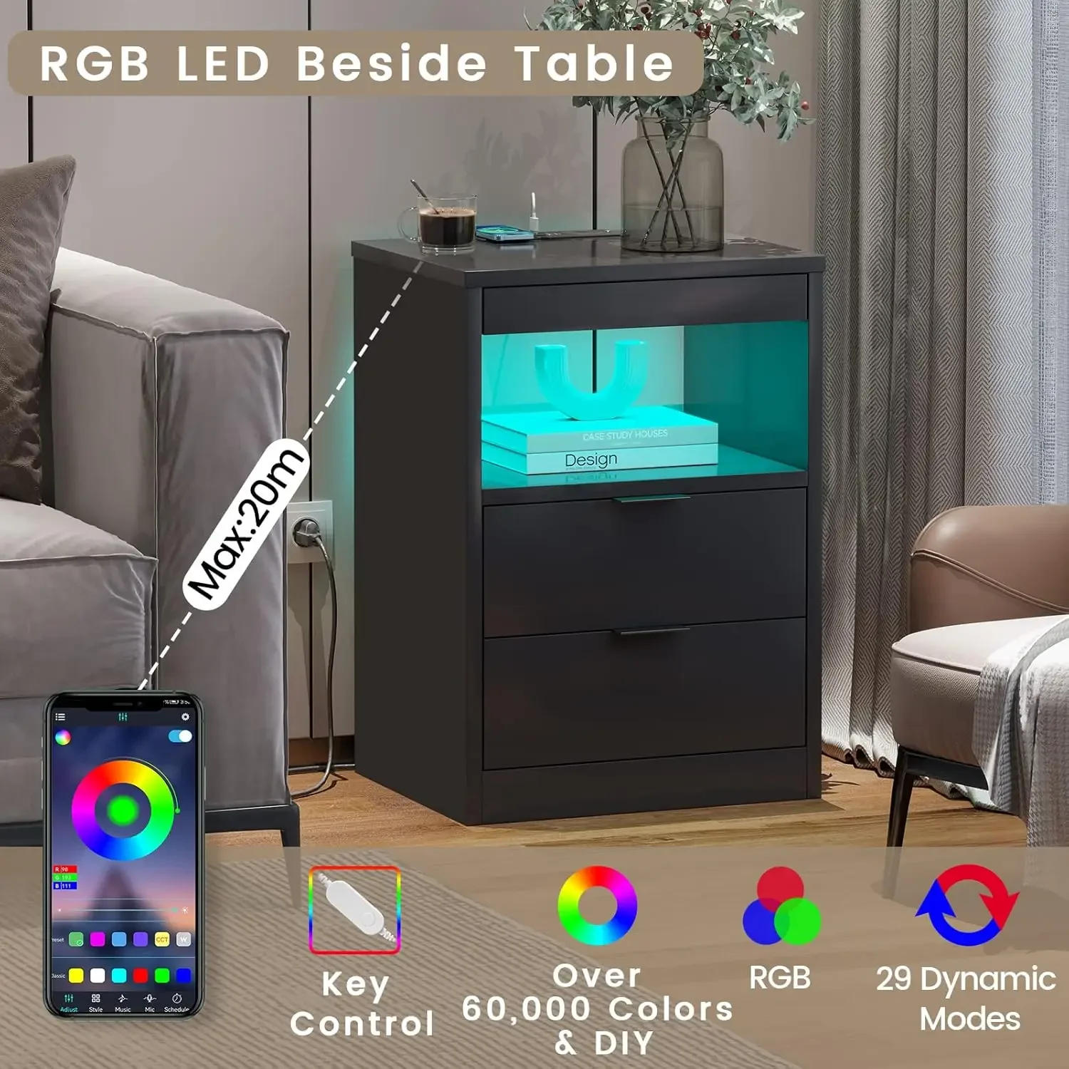 Description Picture 4 of itemLED Nightstand Black Nightstand with Wireless Charging Station 2 Drawers, Modern Bedroom End Side Table with LED Lights