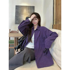 Elegant Purple Velvet Polo Collar Shirt Women's Spring New Style Versatile White Enhancing Shirt Coat Casual Fashionable