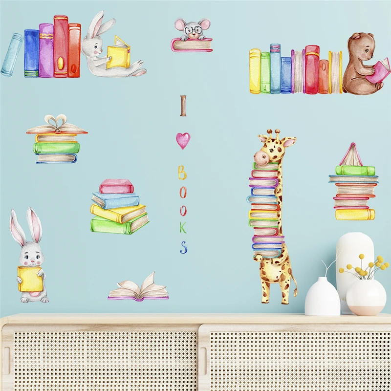 Description Picture 2 of itemCute Rabbit Bear Giraffe Read Books Wall Stickers For Kids Bedroom Home Decoration Cartoon Animal Mural Art Pvc Decals Poster