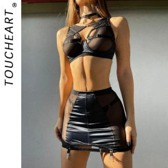 Toucheart 5-Pieces Erotic Lingerie Sexy Hip Skirt For Women Mesh Patchwork Hollow Out See-Through Lure Garters Underwear Suit
