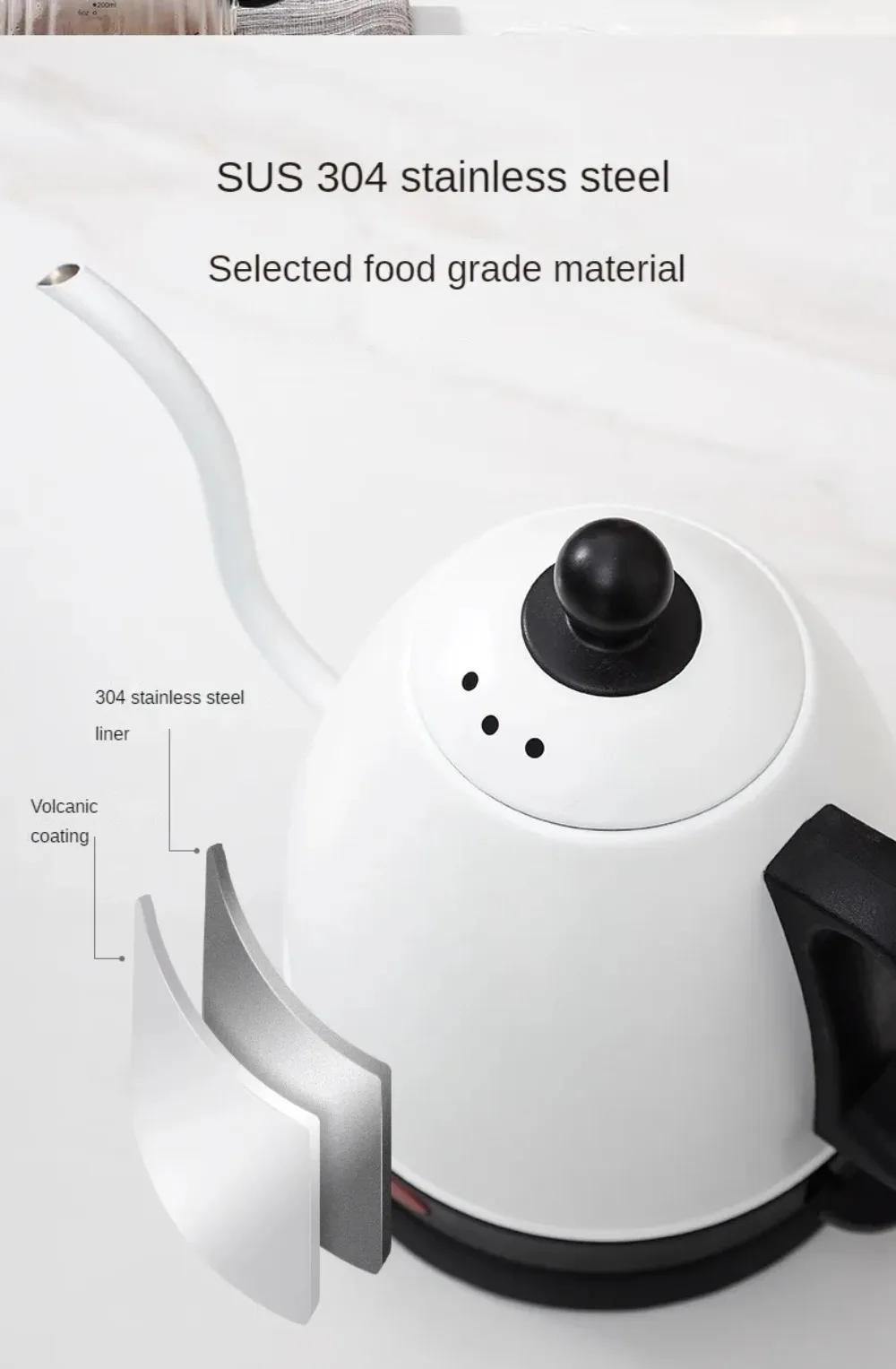 Description Picture 6 of item1200ML Electric Kettle 4 Min Quick Boil Water Bottle Automatic Power Off Gooseneck Hand Brew Coffee Pot Home Samovar Teapot 220V