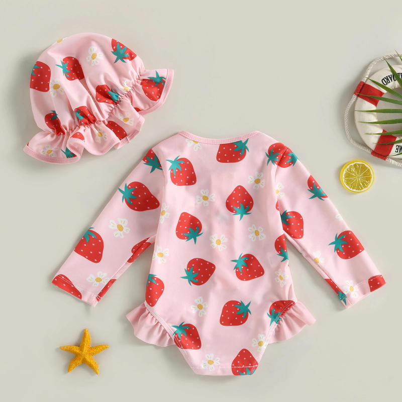 Description Picture 5 of itemChildren Baby Girl Rash Guard Swimsuit Toddler Long Sleeve Strawberry Print Bathing Suit Sun Hat Infant Summer 2pcs Swimwear