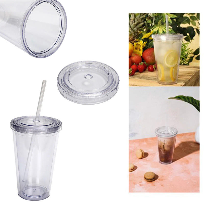 Description Picture 2 of item16oz Double Wall Clear Plastic Tumblers With Lids And Straws Coffee Cup Reusable Water Bottle Transparent Fruit Cup Home Use