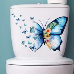 Beautiful Blue Butterfly Toilet Sticker Bathroom Door Wall Sticker Self-adhesive Decorative Room Decal Restroom Decor