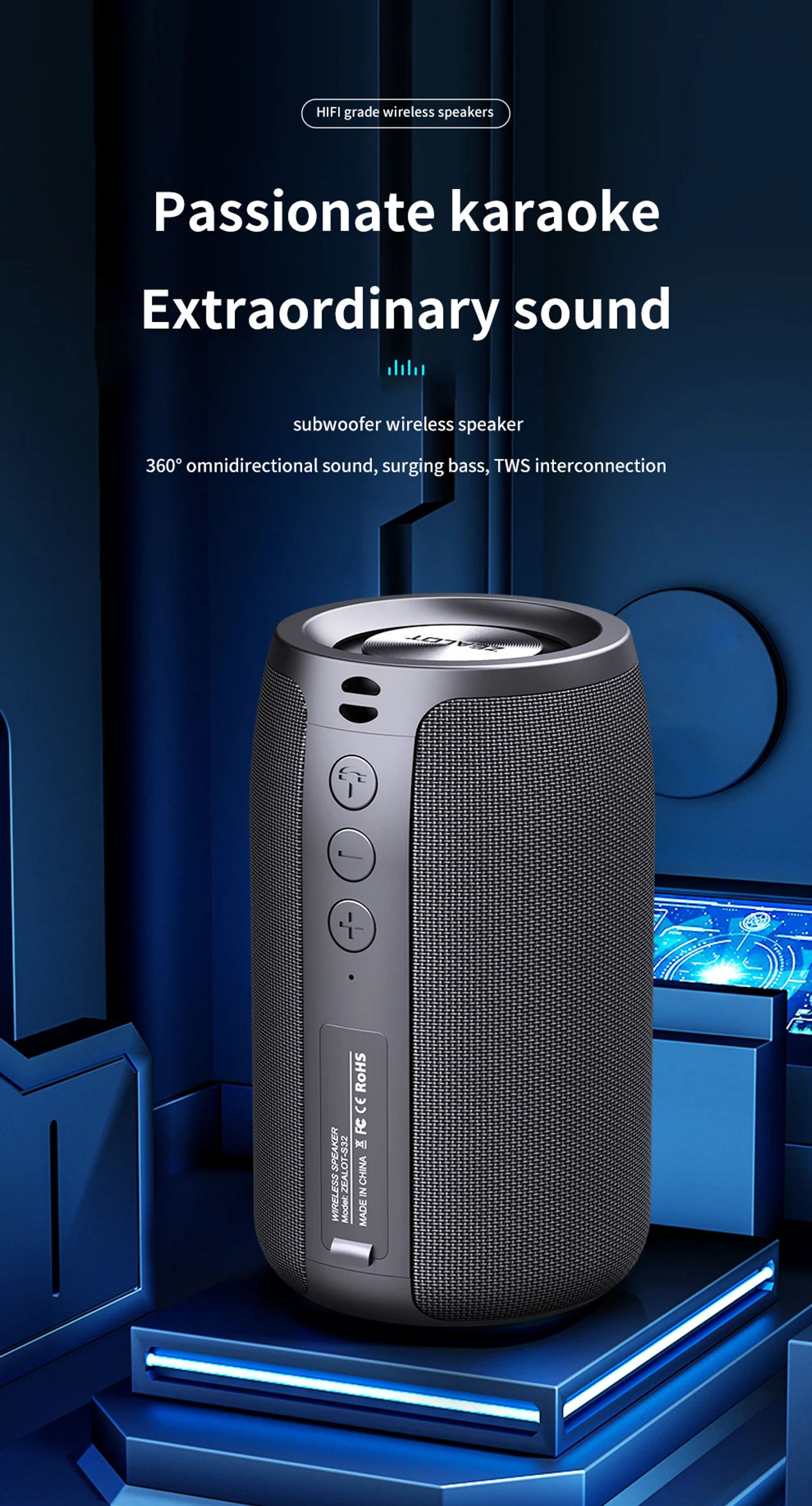 Description Picture 2 of itemZEALOT S32 5W Wireless Speakers, Portable Subwoofer Speaker, 1800mAh Battery, 10 Hours Playtime Loud Stereo, Booming Bass.