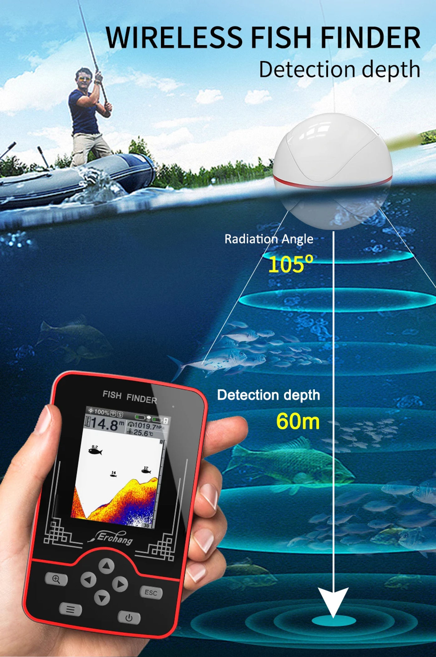Description Picture 3 of itemErchang F13 Wireless Sounder Fish Finder Rechargable 100m Distance Lake River Sea Fishing