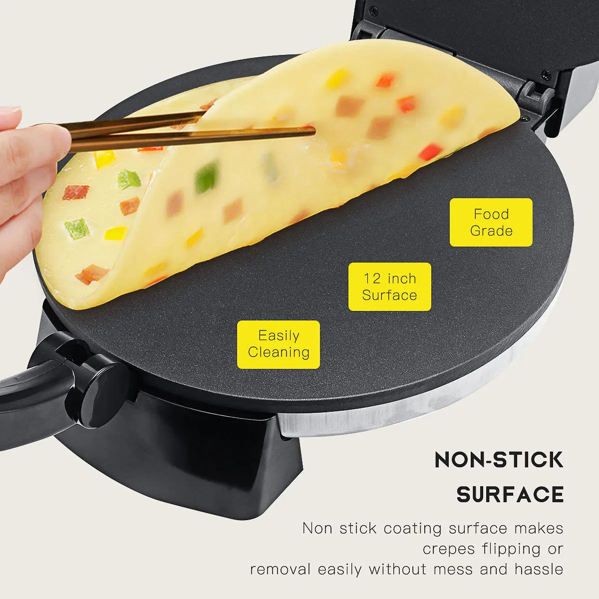 Description Picture 3 of itemCrepe Maker - Cooks Roti, Tortillas & Pancakes - Nonstick Cooktop - 10-inch Cook Area, Temperature Control & Cool Touch Handle