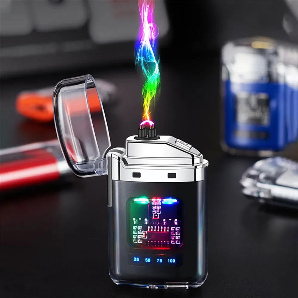 Description Picture 2 of itemNew Electronic Pulse Lighter Transparent Body Power Display Dual Arc Type C Rechargeable Windproof Plasma Lighter Smoking Gift