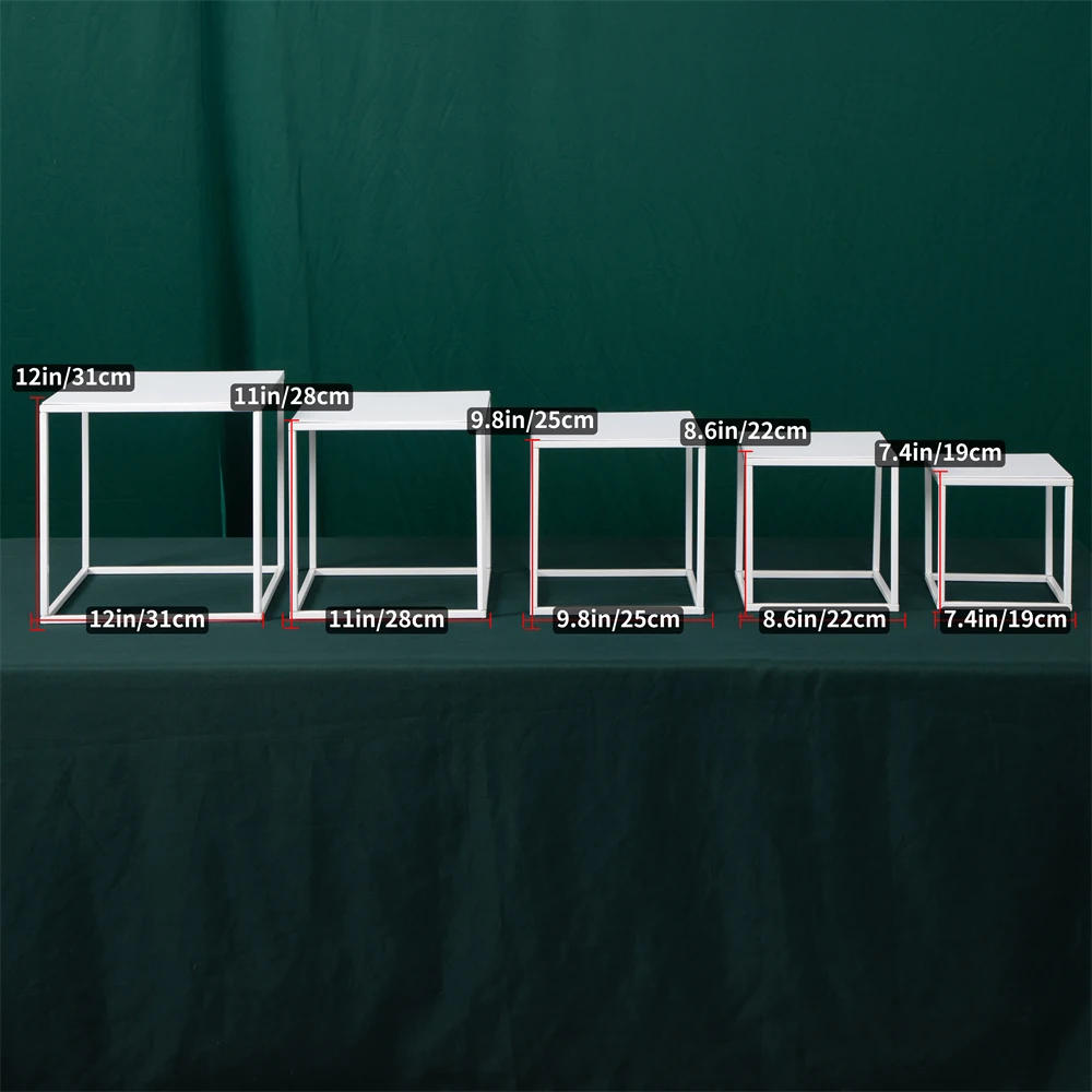 Description Picture 4 of item5pcs/set Cube Wedding Stand Pure White Backdrop Decoration Square Frame Road Lead Metal Iron Flower Stand Cake Table Top Plate