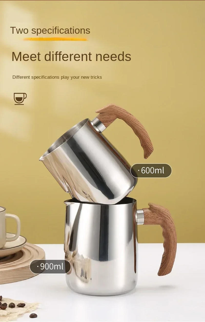 Description Picture 3 of item600/900ML Milk Frothing Pitcher with Precise Scale Wooden Handle Dripless Spout Stainless Steel Latte Coffee Cup Coffeeware