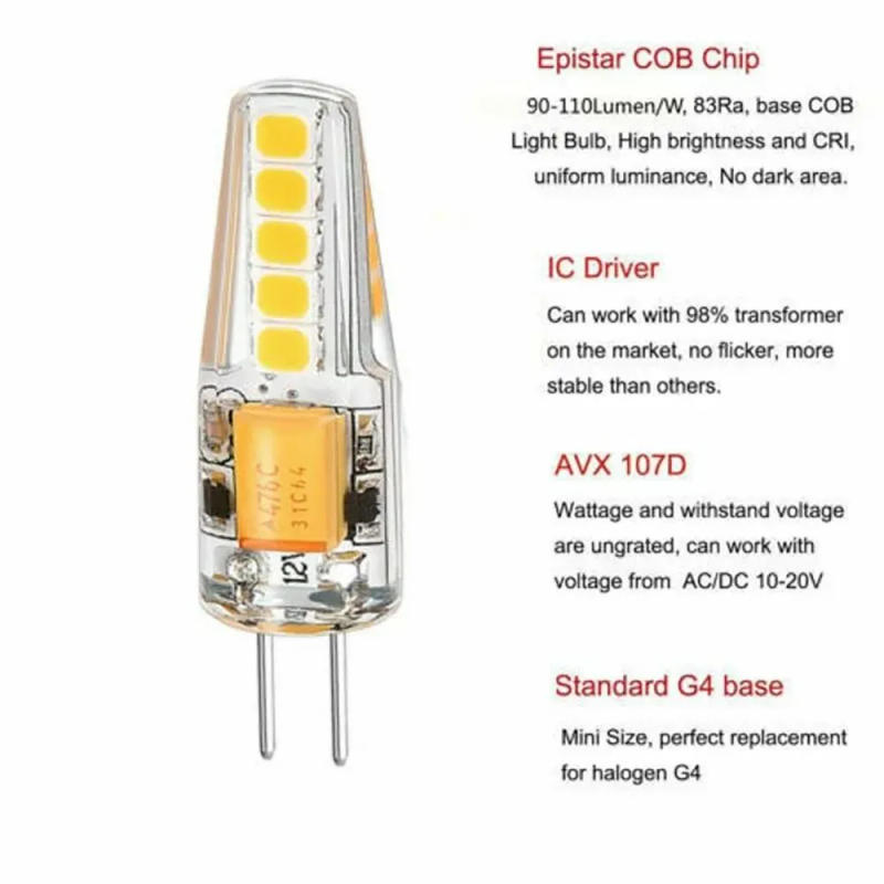Description Picture 5 of item10pcs G4 LED Bulb 5W DC12V/AC220V 2835 SMD 10led Warm/Cold White 360 Degree Angle Chandelier Light Replace Halogen Lamp lighting