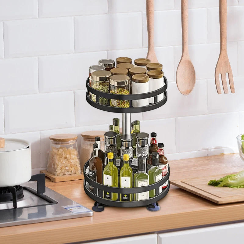 Description Picture 6 of item360°Rotation Spice Rack Organizer Jar Cans For Kitchen Accessories Non-Skid Carbon Steel Storage Tray For Seasonings And Spices