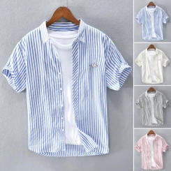 Youth Striped Shirt Men Formal Shirt Men's Summer Lapel Dress Shirt Single-breasted Mid Length Cardigan for Formal Business