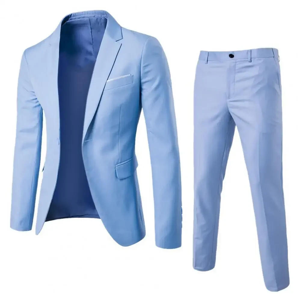 Description Picture 6 of item2Pcs/Set Groom Suit Pure Color Wedding Blazer Pant Set Slim Men Formal Business Dress Suit Long Sleeve Male Prom Suit for Banque