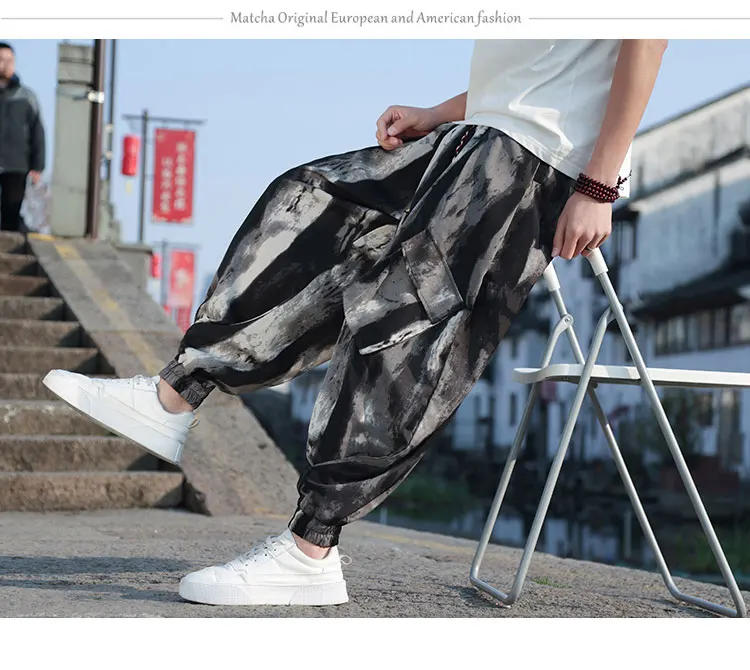Description Picture 5 of itemMr.nut Ink Wash Men Wide Leg Harem Pants with Pockets Ice Silk Loose Oversize Lantern Joggers Retro Trousers Chinese Clothing