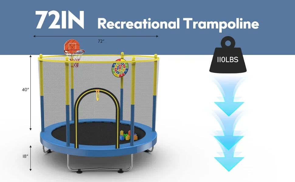 Description Picture 3 of item72" Trampoline for Kids with Net,6 FT Indoor & Outdoor Small Toddler Trampoline with Basketball Hoop & Dart Board for Ages 1-8,
