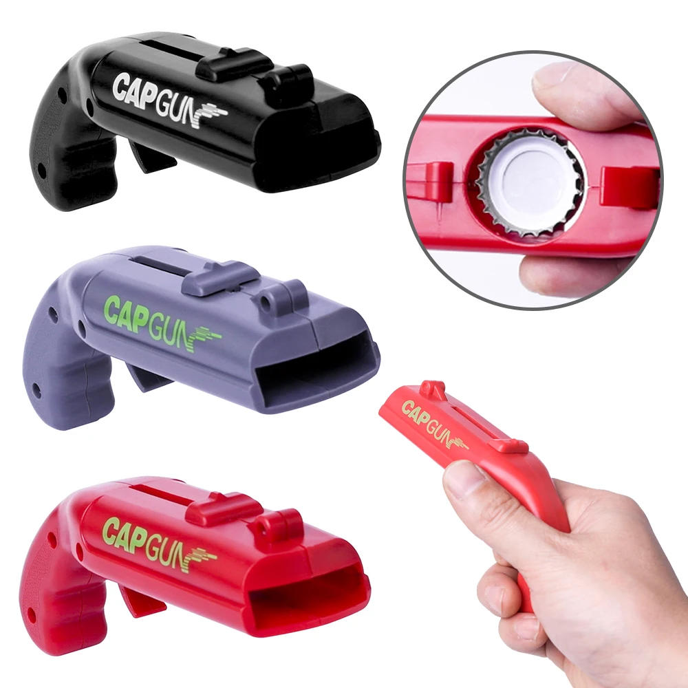 Description Picture 3 of itemCreative Can Opener Spring Cap Catapult Launcher Gun Shape Bar Tool Drink Opening Shooter Beer Bottle Opener Kitchen Gadget Set