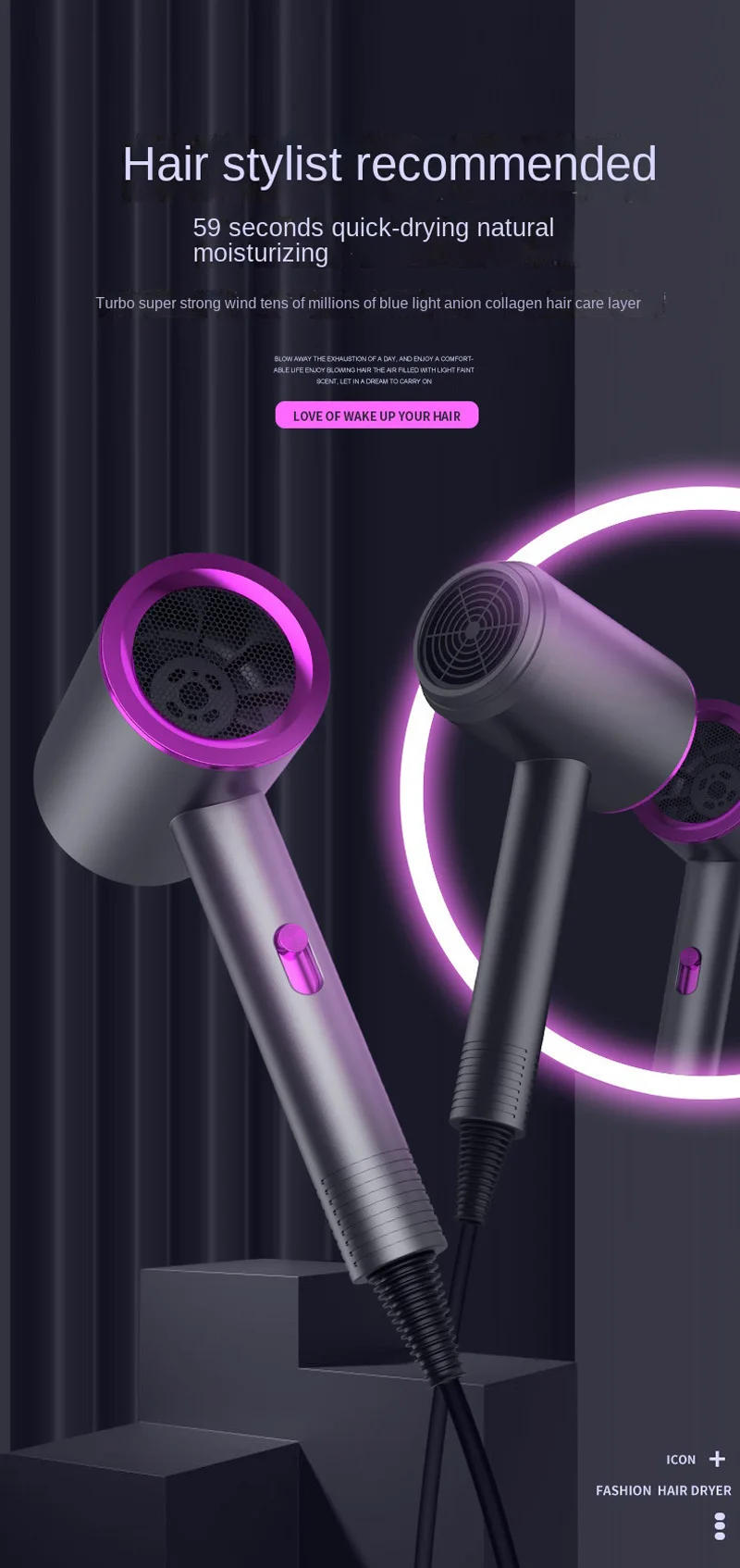 Description Picture 4 of itemElectric Hair Dryer Blue Negative Ion Hot Cold Wind Silent Hair Dryer For Use Suitable For Home Salonblue Light Quick Hairdryer