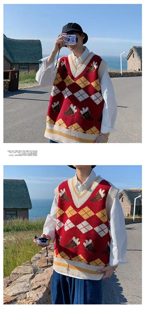 Description Picture 3 of itemJapanese Style V-neck Knitted Vests Couple Plaid Printed Loose Casual High Street Sleeveless Sweaters Men Tops Male Clothes