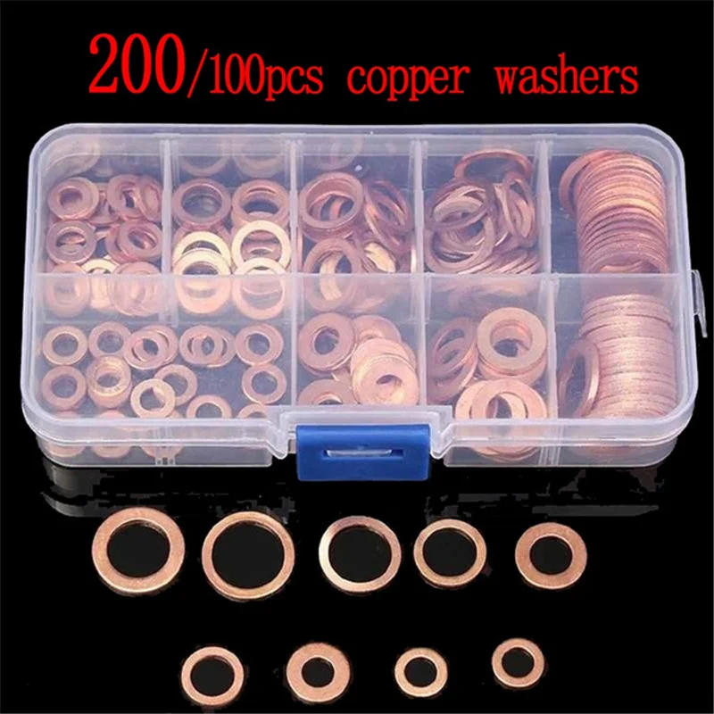 Description Picture 3 of item200/100PCS Copper Washer Gasket Nut And Bolt Set Flat Ring Seal Assortment Kit With Box //M8/M10/M12/M14 For Sump Plugs Washers
